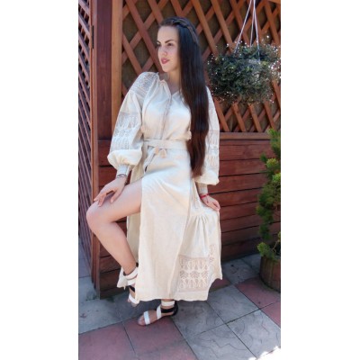 Boho Style Ukrainian Embroidered Midi Broad Dress Cream Colour